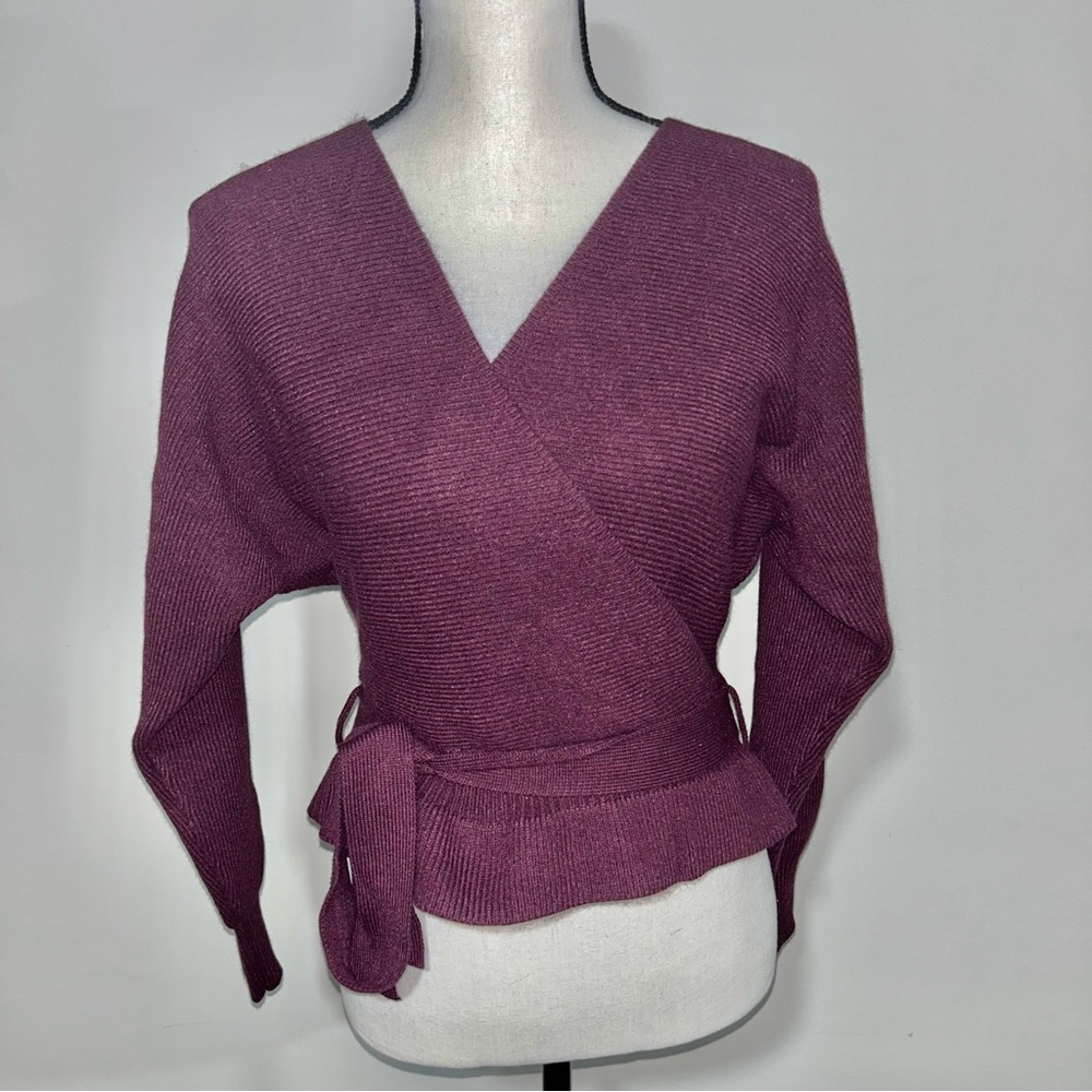Sweet and Sophisticated Plum Purple Knit Faux-Wrap Sweater Lulus